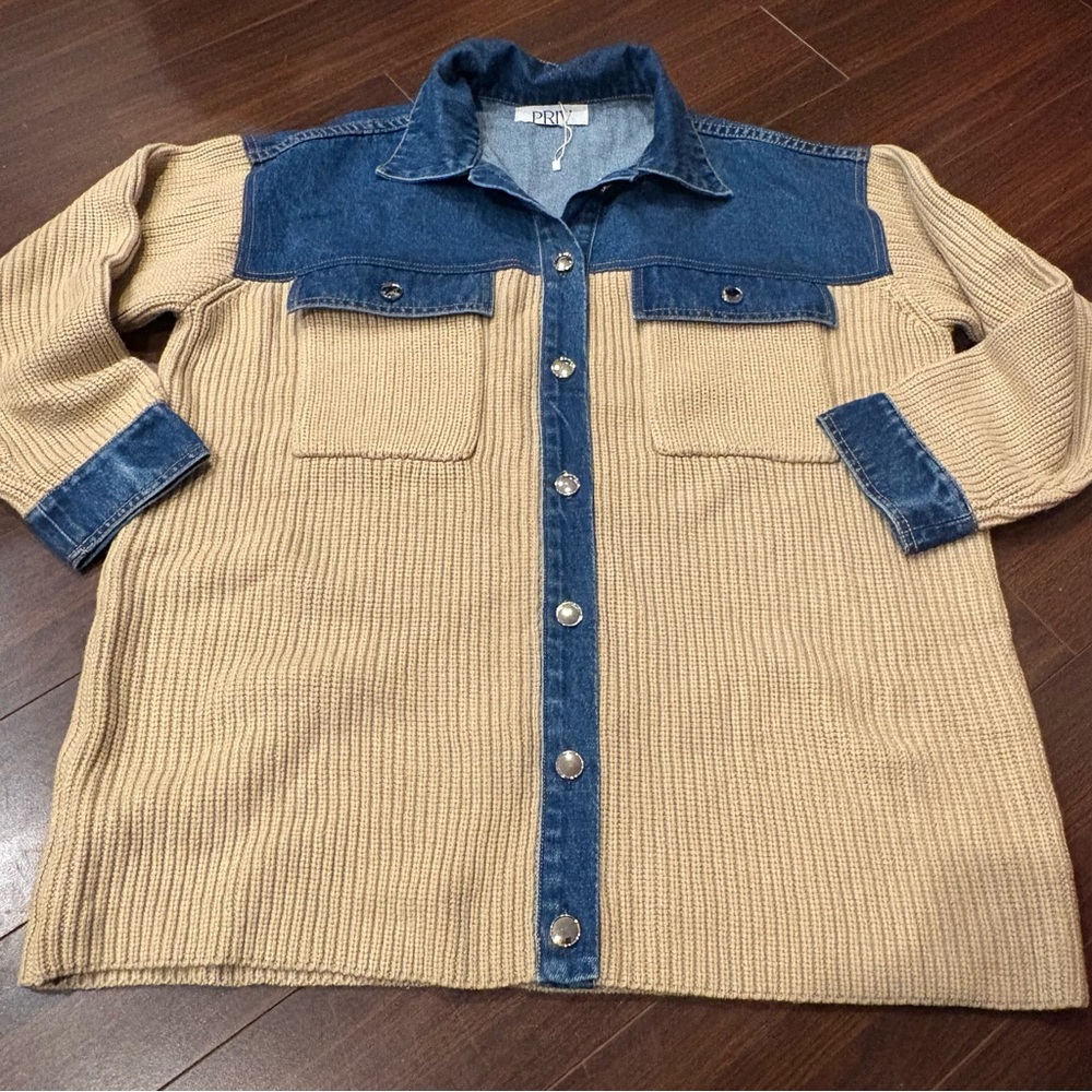 PRIV - 24” PTP Denim and Knit Button-Up Jacket shacket - Sz. M NWOT